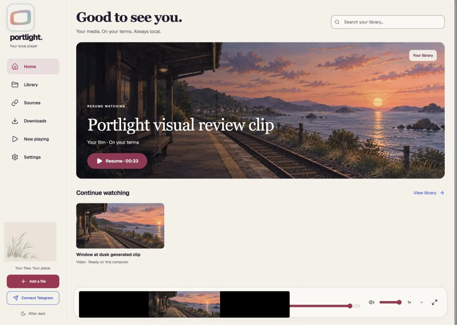 Actual Portlight local engine Home with generated review media, a collection card, and resume controls