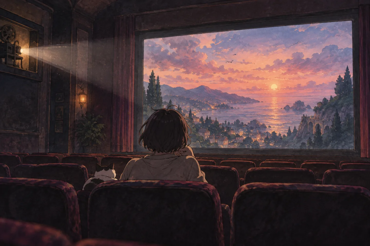 Hand-painted cinema scene with a viewer and cat facing a sunset
